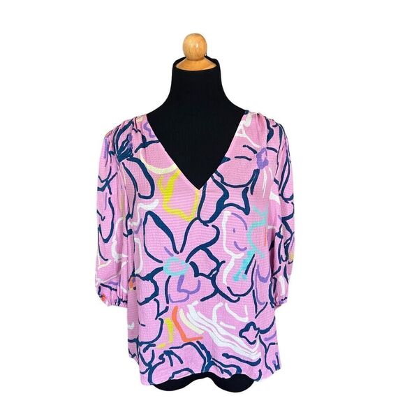 Tanya Taylor Pink Painted Floral Textured Silk 3/4 Sleeve V Neck Blouse Size 4 - Picture 2 of 8